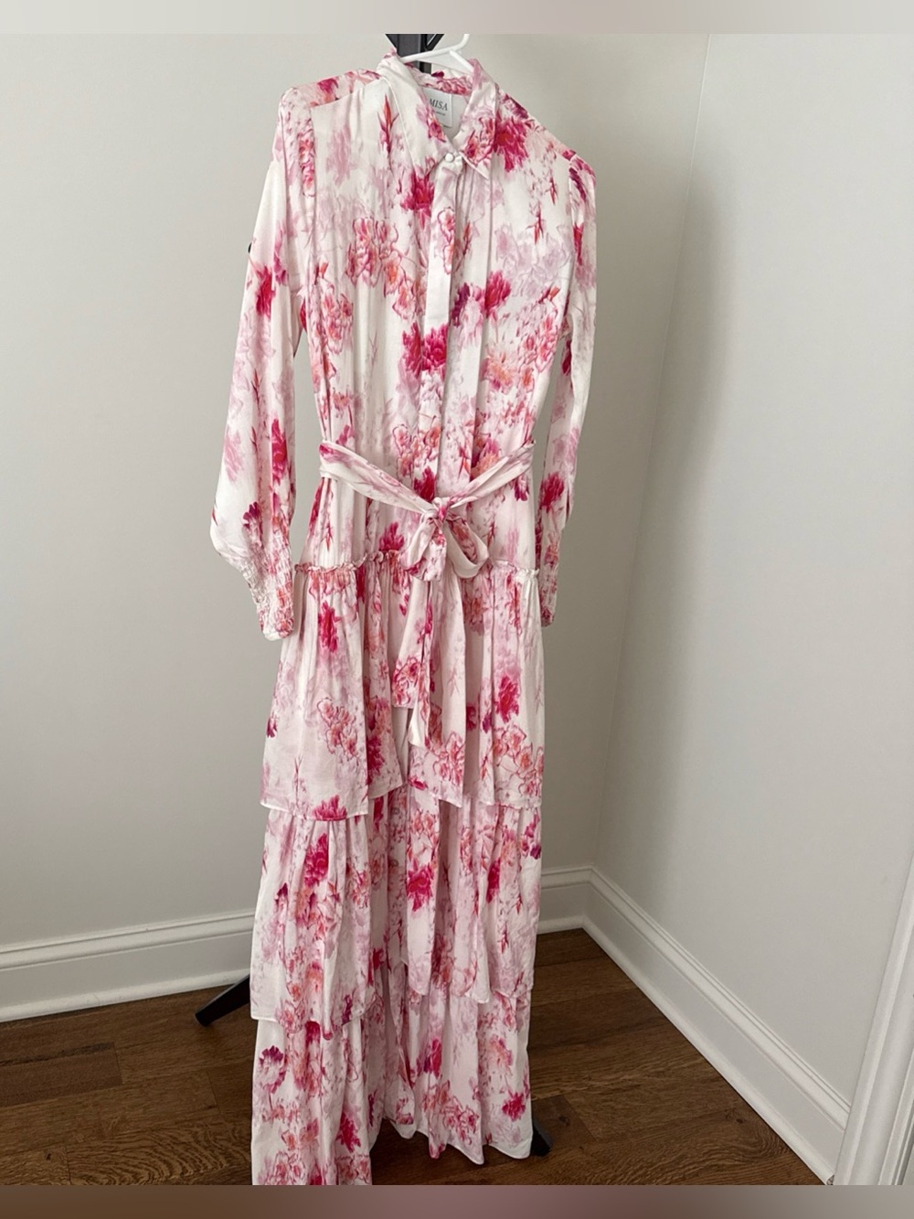 White Floral Tie-Waist Dress with Pink Blossoms